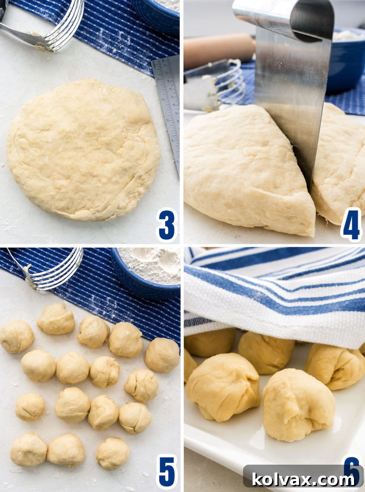 A collage of images illustrating how to divide the tortilla dough into equal portions and roll them into small balls, ready for resting.