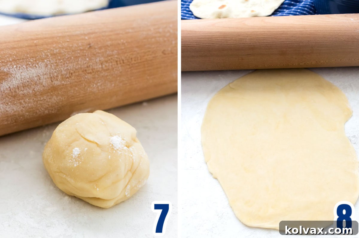 A collage of images showing the process of rolling out tortilla dough balls into thin, round flour tortillas using a rolling pin.