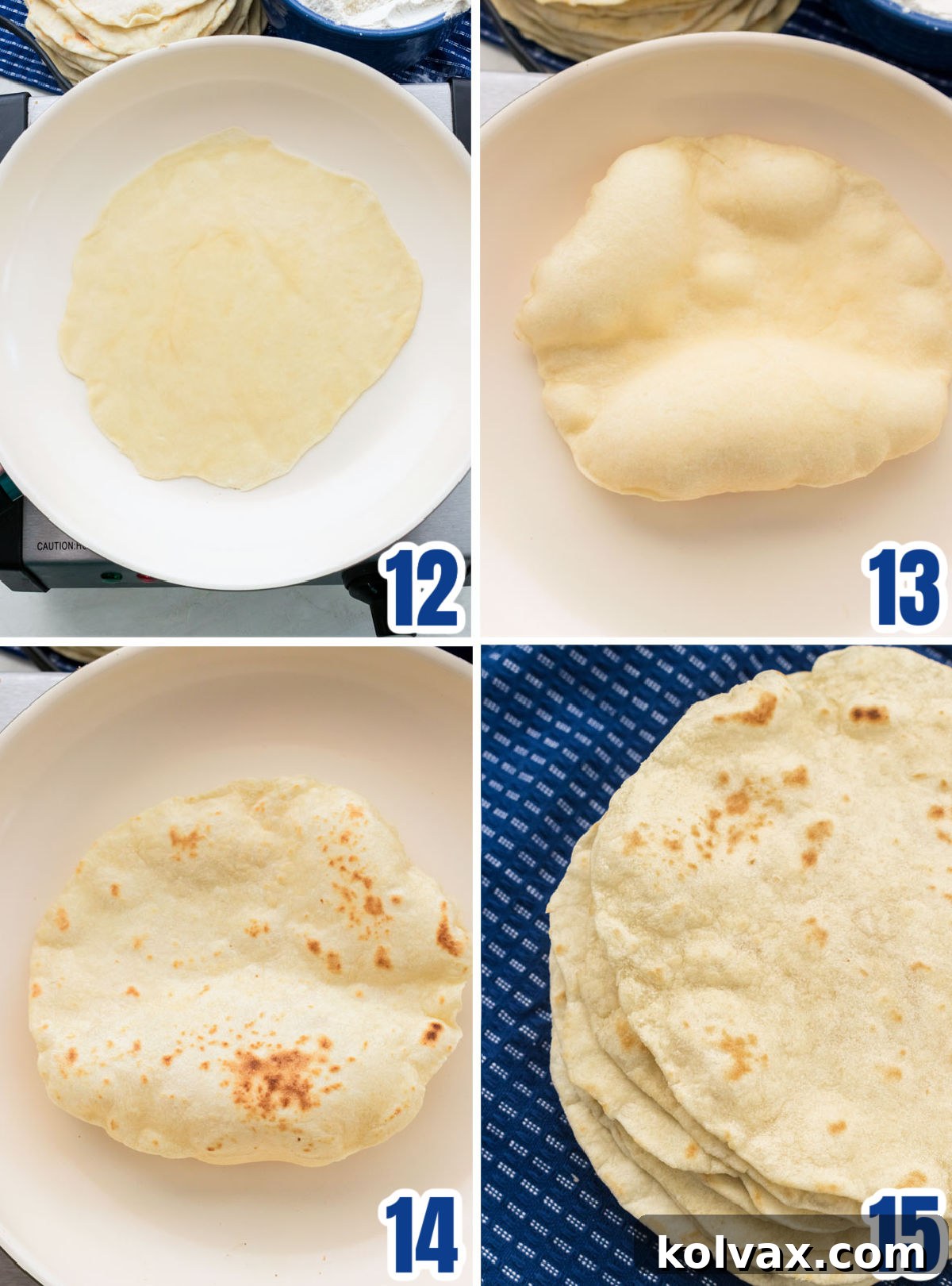 A collage of images demonstrating the steps for cooking homemade flour tortillas on an ungreased pan: placing the tortilla, observing bubbles, flipping, and final cooked result.