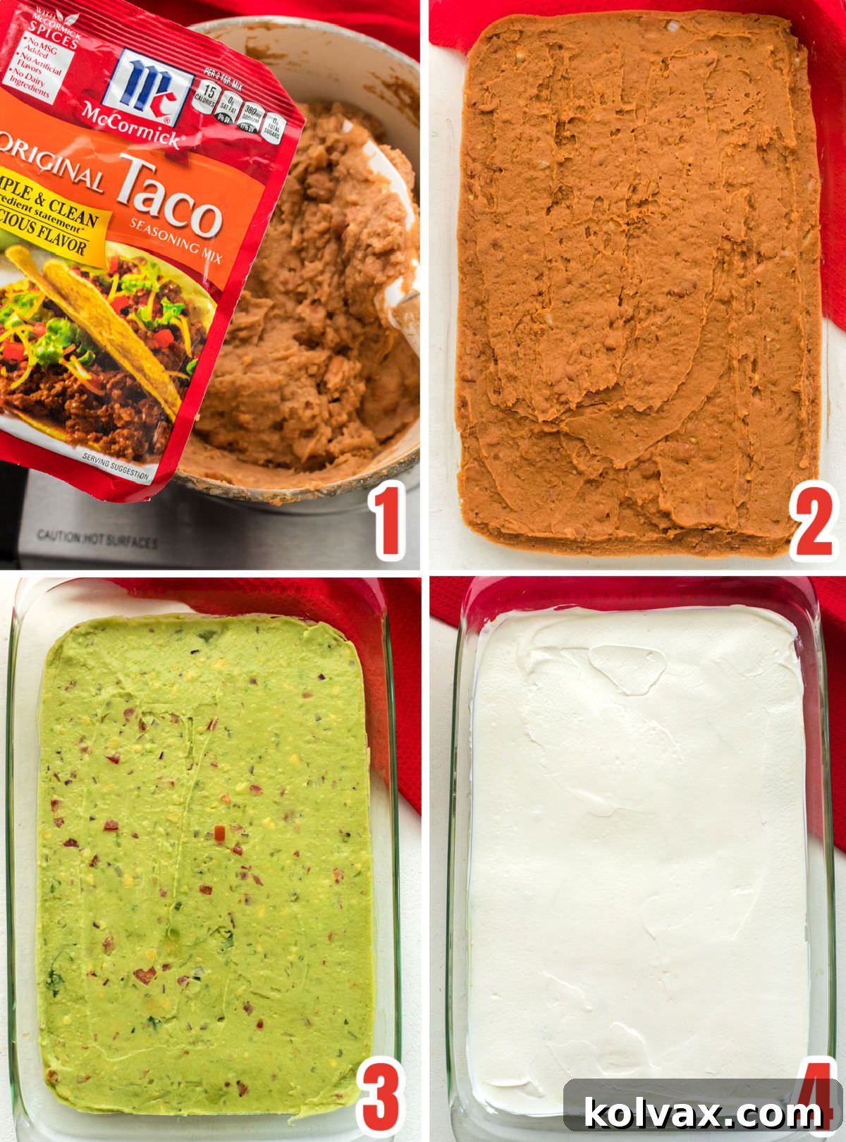 A visual guide showing the initial steps of assembling the 7 Layer Dip. The first image displays seasoned refried beans spread in a 9x13 inch pan, followed by a layer of fresh guacamole, and then a smooth layer of sour cream, illustrating the foundational layers.