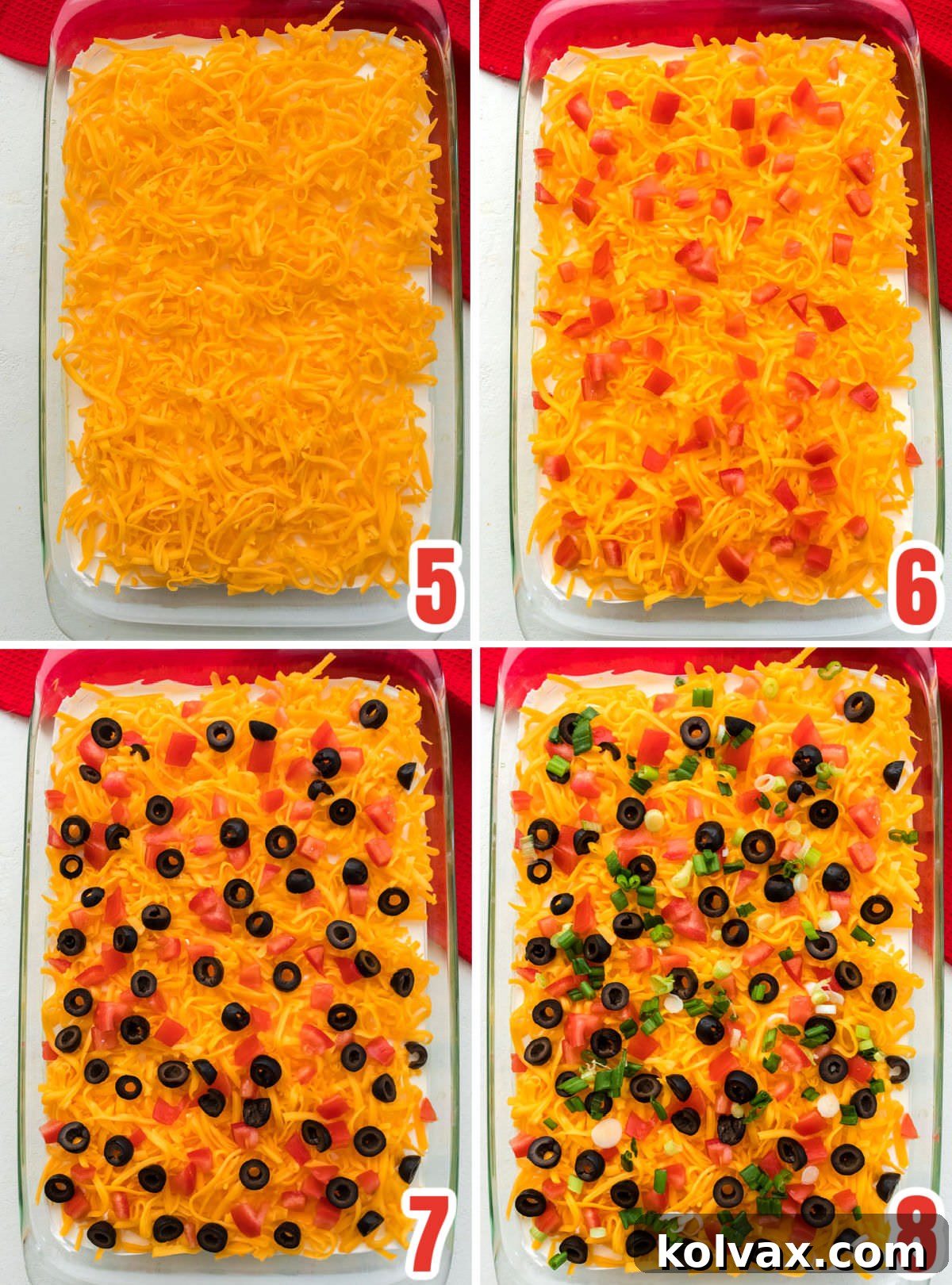 A collage showing the final layers of the 7 Layer Dip being added. Images depict shredded cheese sprinkled over sour cream, diced tomatoes over cheese, sliced black olives over tomatoes, and finally, chopped green onions as a vibrant garnish, completing the dip.