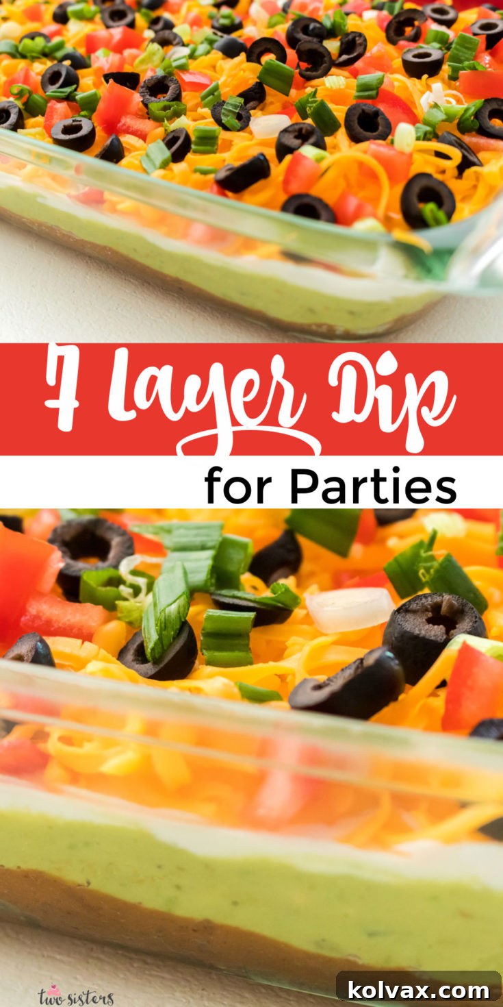A beautifully presented 7 Layer Dip in a clear glass dish, highlighting the distinct colorful layers, garnished with fresh green onions. Perfect for parties and gatherings.