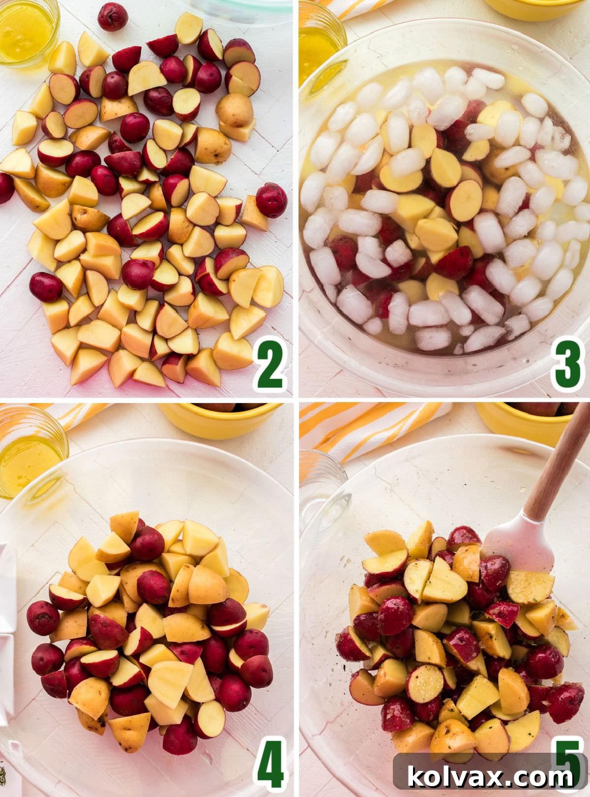 Collage image showing the steps for preparing the potatoes to be roasted.