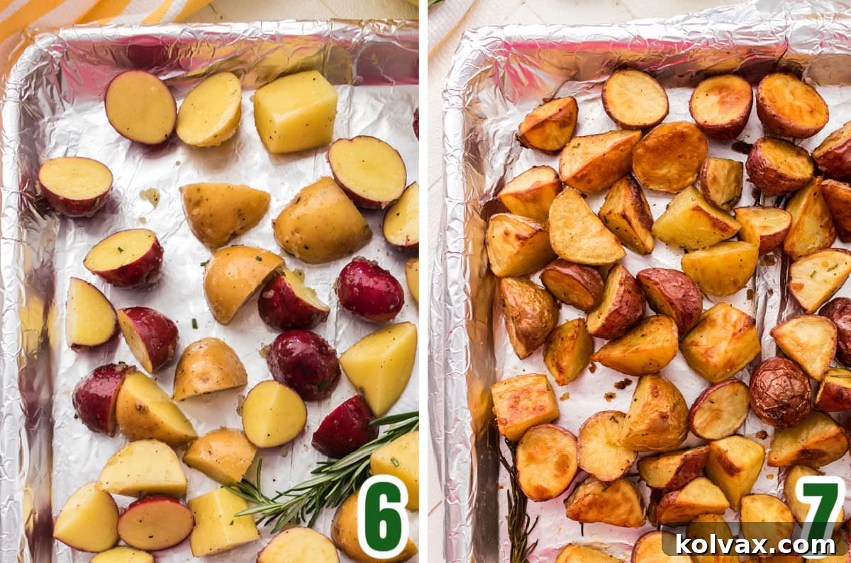Collage image showing how to arrange the garlic potatoes on the cookie sheet and how to roast them in the oven.