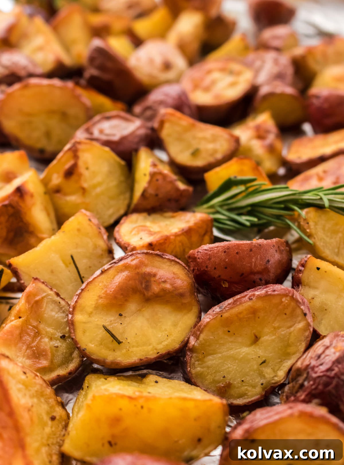 Closeup on a cookie sheet filled with Crispy Garlic Roasted Potatoes just out of the oven.