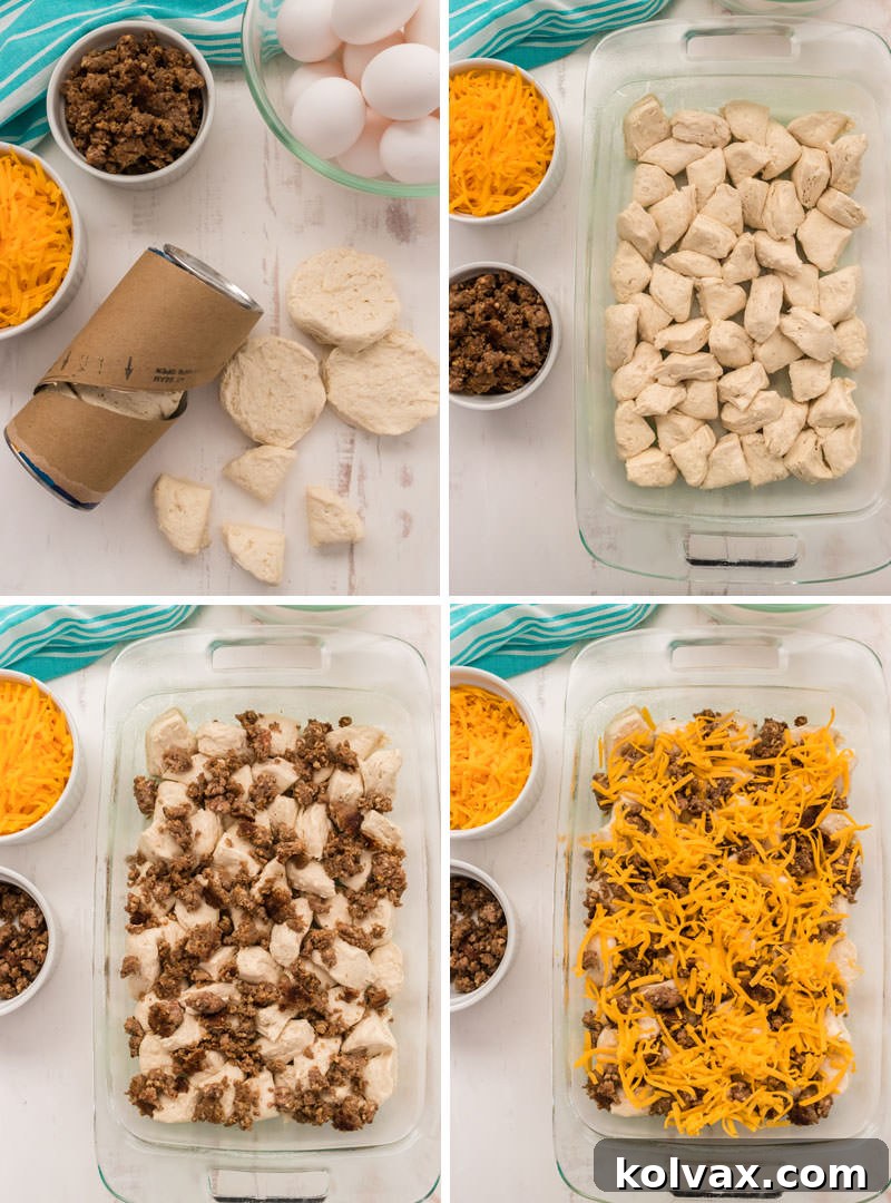 A visual guide showing the initial layering steps for the Sausage Breakfast Casserole: quartered biscuits, browned sausage, and a layer of cheese in a baking dish.