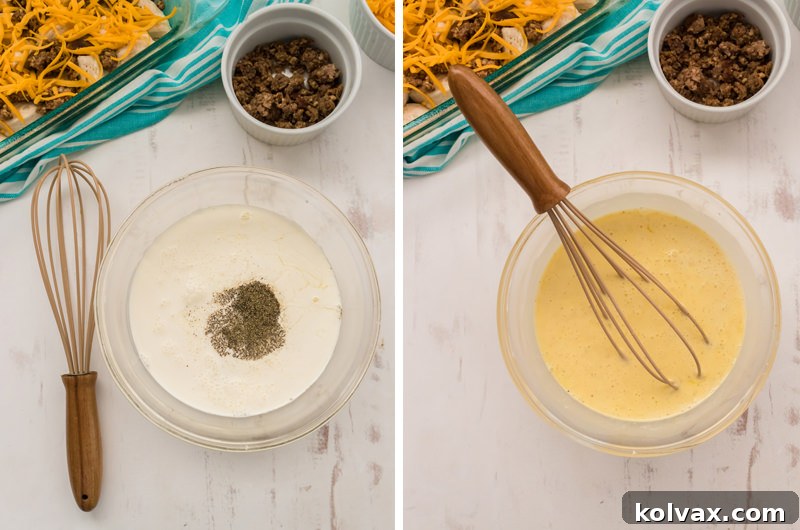 Close-up image of clear glass bowls showing the perfectly whisked egg mixture with milk, salt, and pepper, ready to be poured into the breakfast casserole.