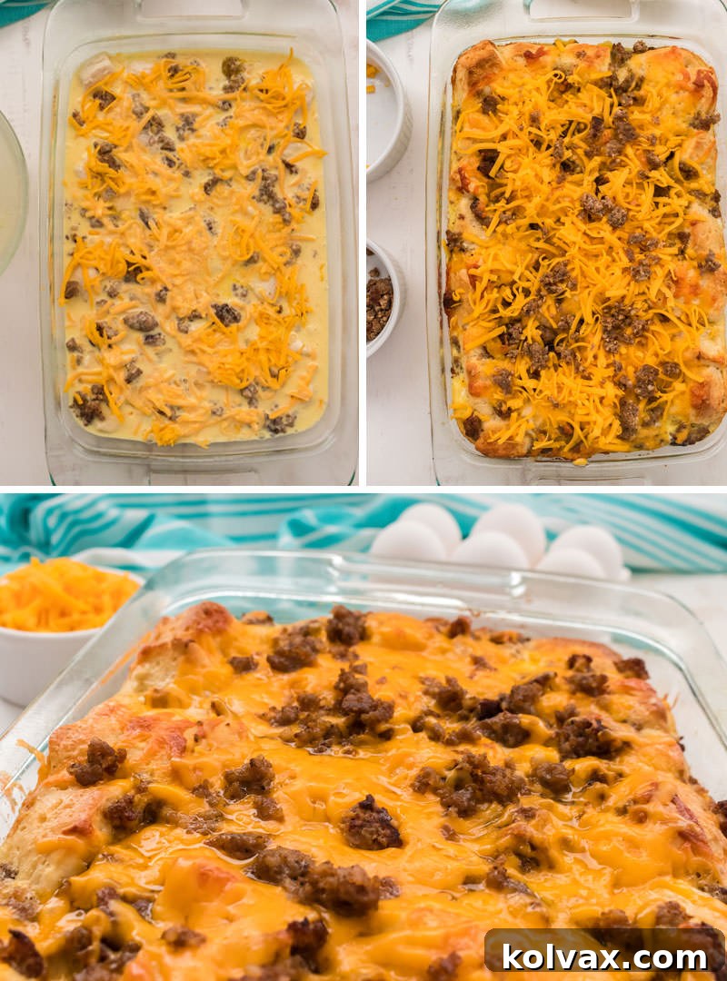 A visual sequence detailing the baking process of the Sausage Breakfast Casserole, from pouring the egg mixture to the final golden-brown dish coming out of the oven.