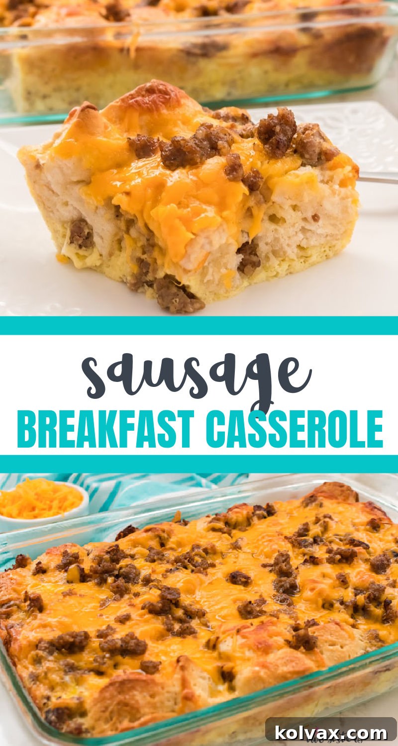An appetizing close-up of a serving of Sausage Breakfast Casserole, highlighting the individual components of biscuit, egg, sausage, and cheese in perfect harmony.