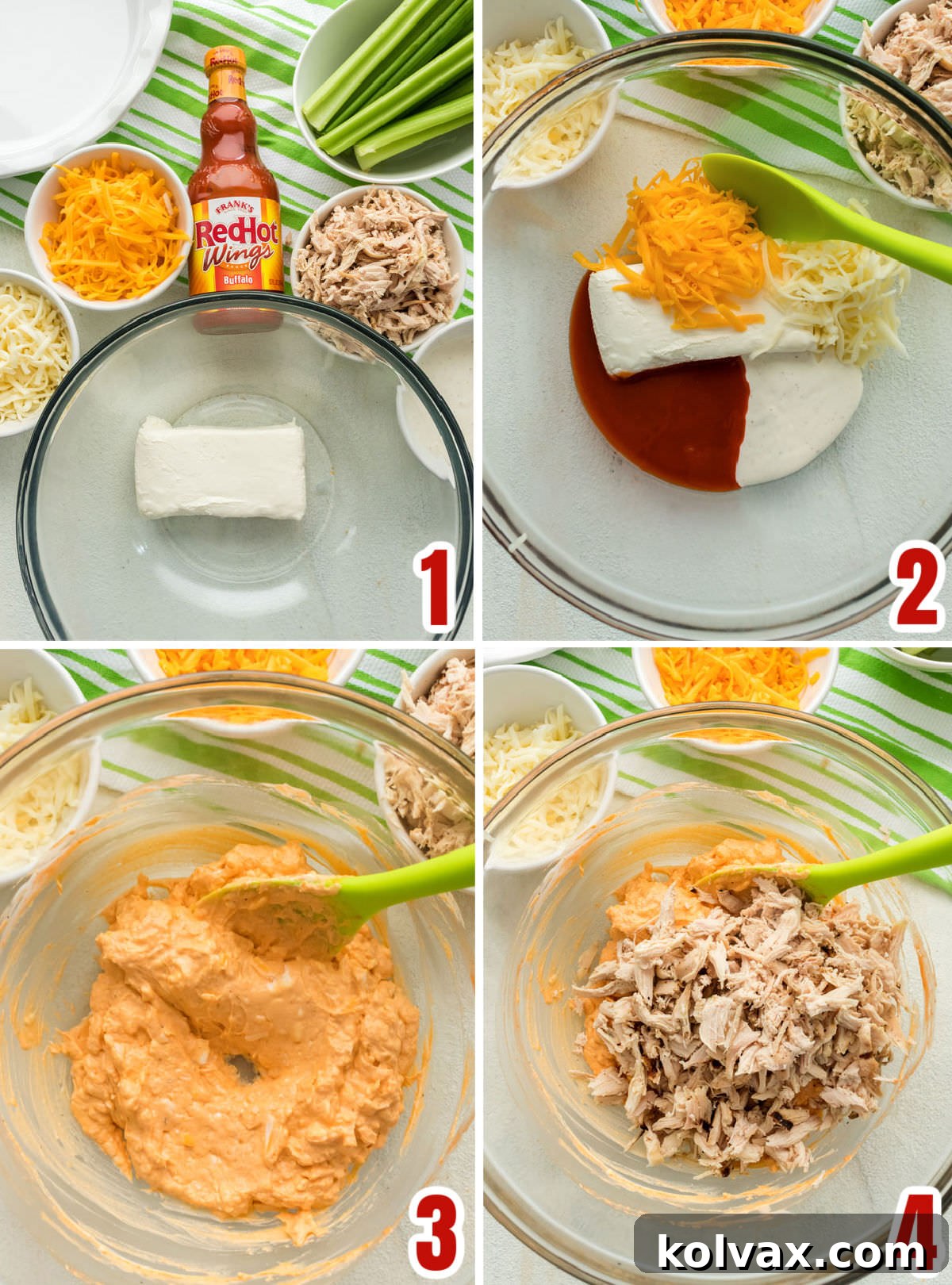 A step-by-step collage demonstrating the mixing process for Buffalo Chicken Dip: softened cream cheese in a bowl, then ranch and buffalo sauce added, followed by shredded cheese, and finally shredded chicken, all being thoroughly combined.