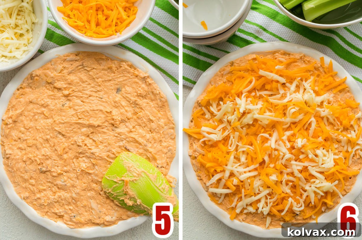 A collage image illustrating the final preparation steps for Buffalo Chicken Dip before baking: spreading the creamy chicken mixture into a glass baking dish, and then generously topping it with the remaining shredded cheese.