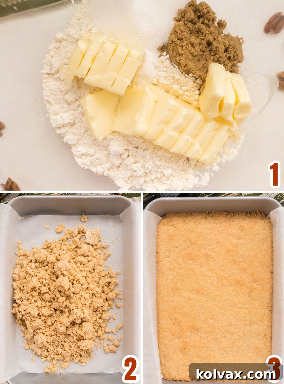 A detailed collage image demonstrating the step-by-step process for creating the foundational cookie crust for the Pecan Pie Bars, highlighting key mixing and pressing techniques for a perfect base.