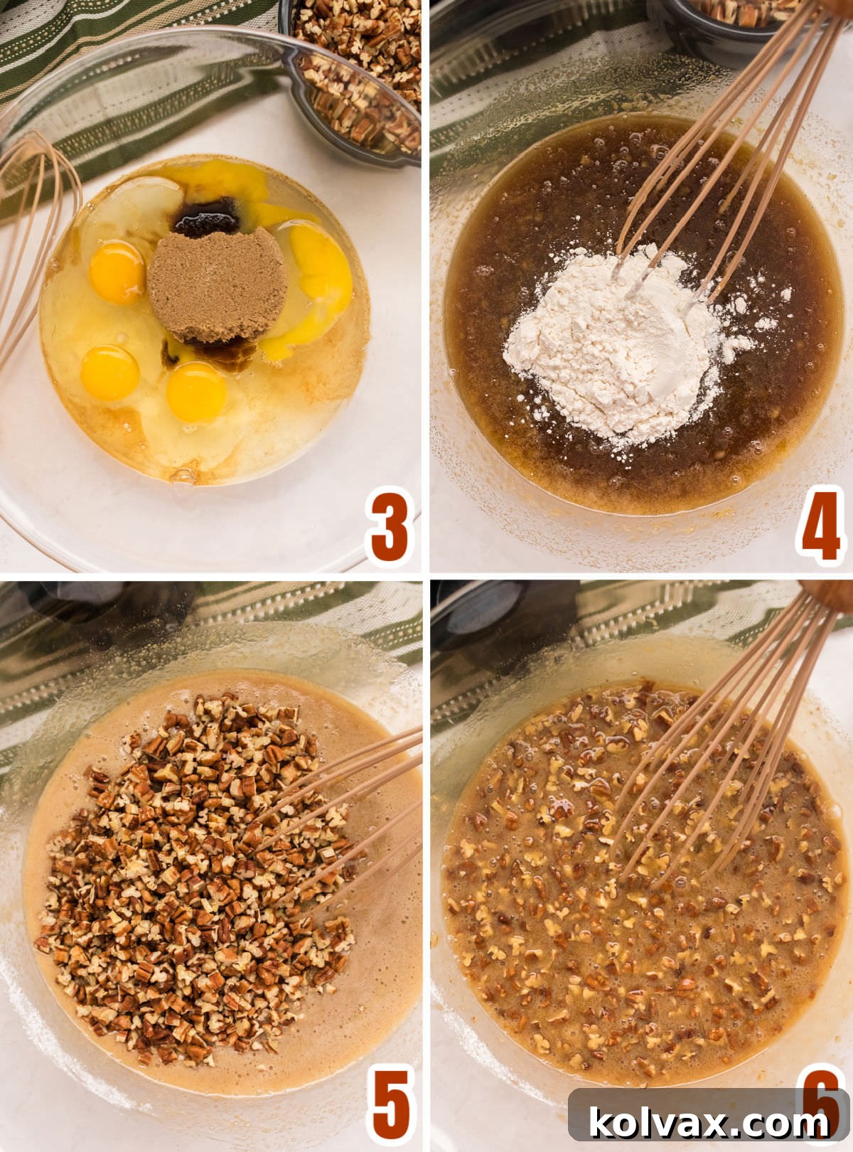 A collage image illustrating the detailed process of preparing the luscious Pecan Pie Filling for the cookie bars, showcasing the smooth mixture and the careful incorporation of chopped pecans.