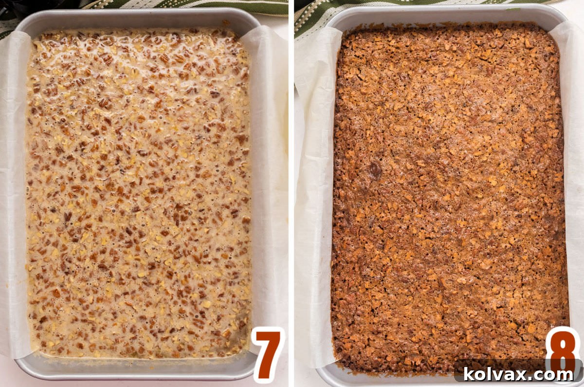 A detailed collage image displaying the Pecan Pie Bars both before entering the oven, with the filling evenly spread over the crust, and after baking, golden-brown and perfectly set and ready.