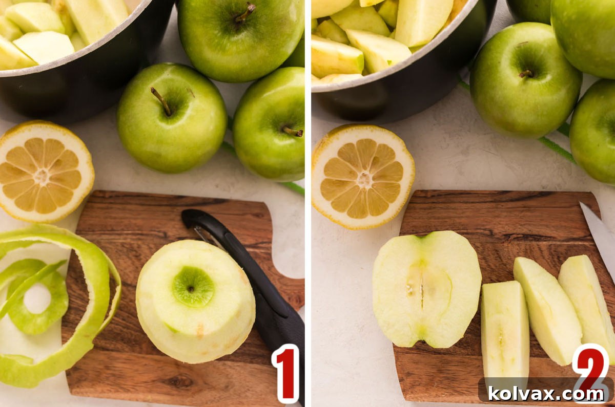 Collage image showing the steps to prepare the apples for the applesauce, including peeling, coring, and slicing.