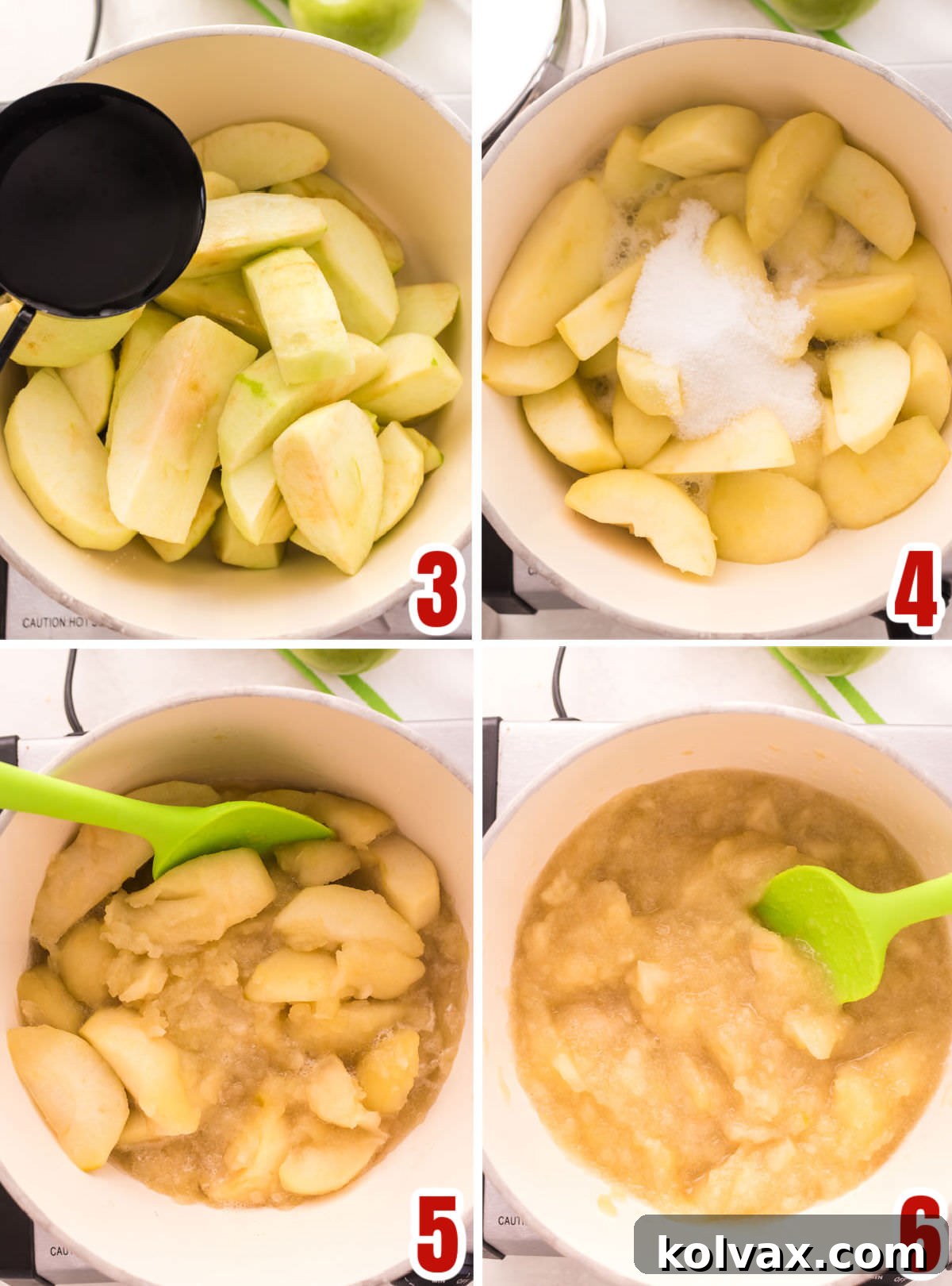 Collage image showing how to cook the apples for applesauce, including adding water, covering, and simmering.