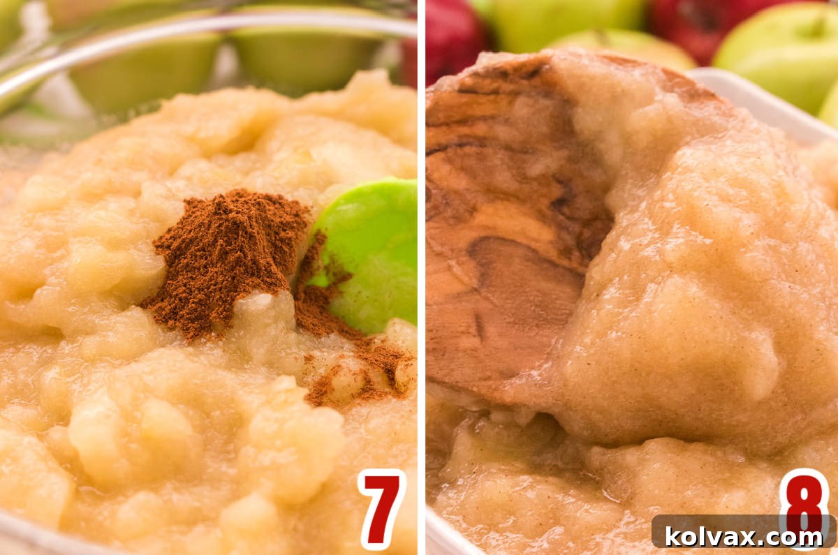 Collage image showing the steps for adding Cinnamon to the applesauce, stirring it in after cooking.