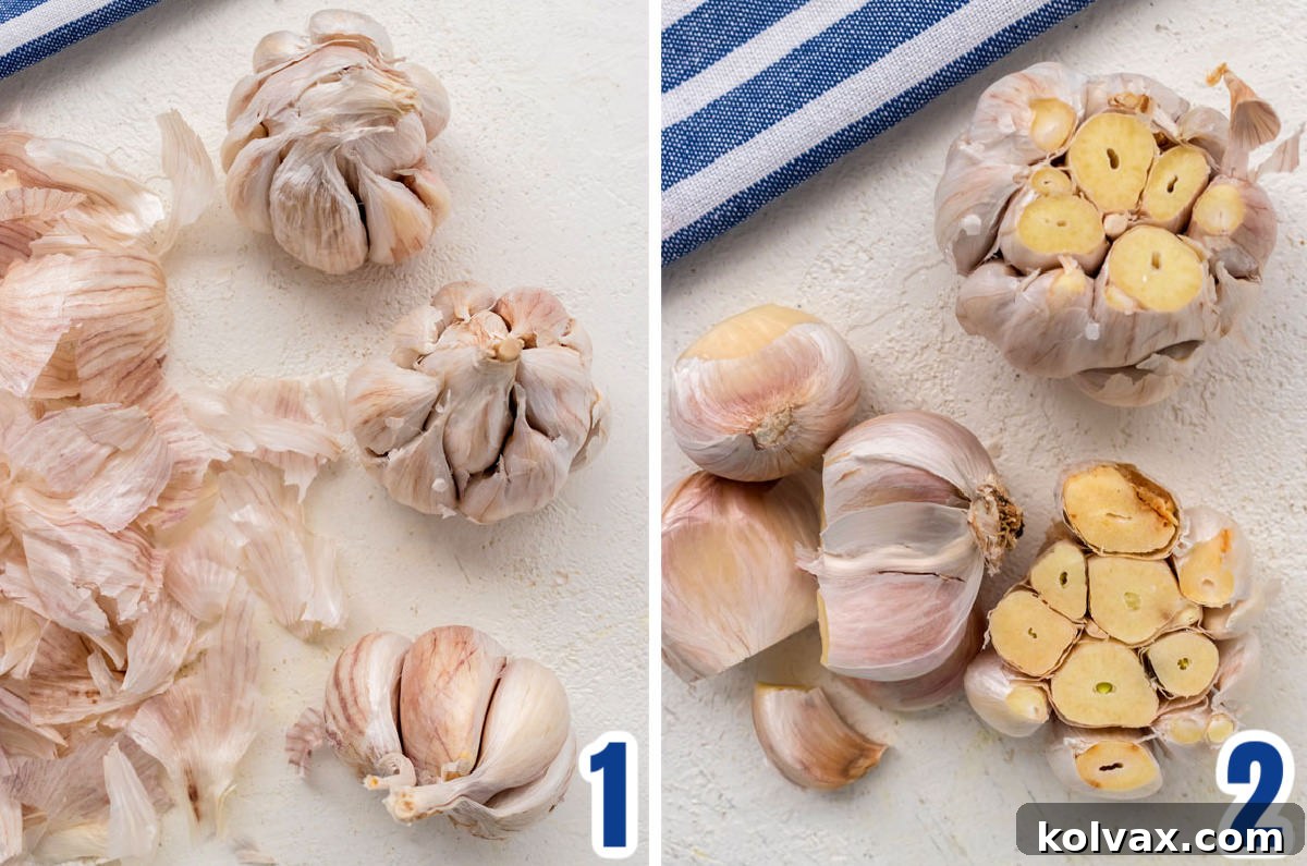 Collage image showing how to prepare the head of garlic to be roasted in the oven.