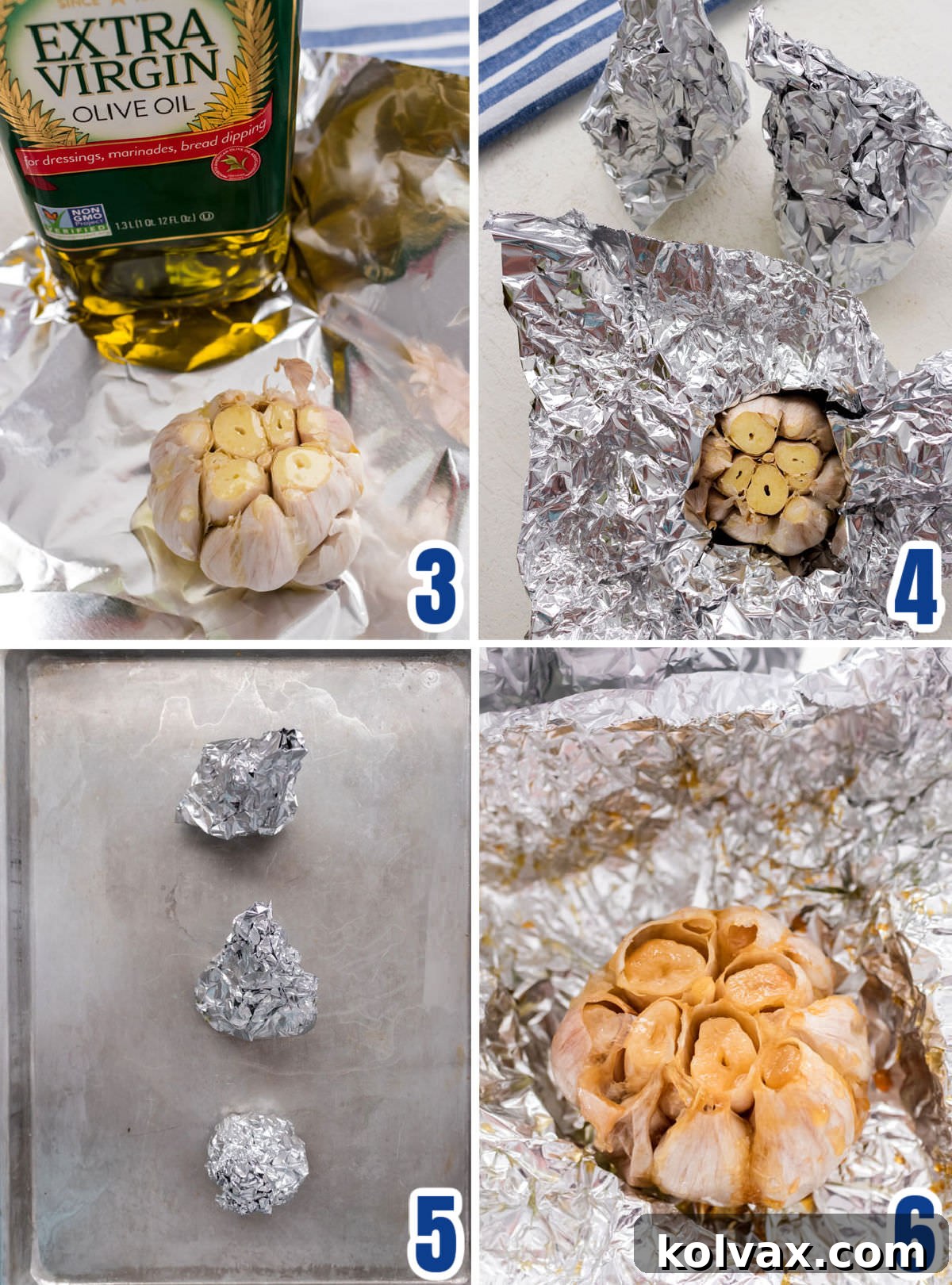 Collage image showing the steps for roasting the head of garlic in the oven.