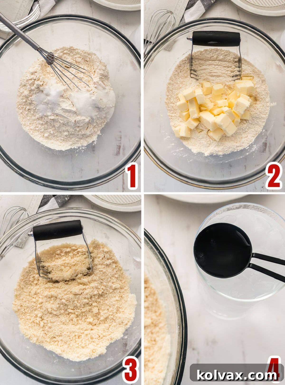 Collage image showing the steps for making the pie crust dough including using ice cold water, cutting butter into flour, and mixing the dough.