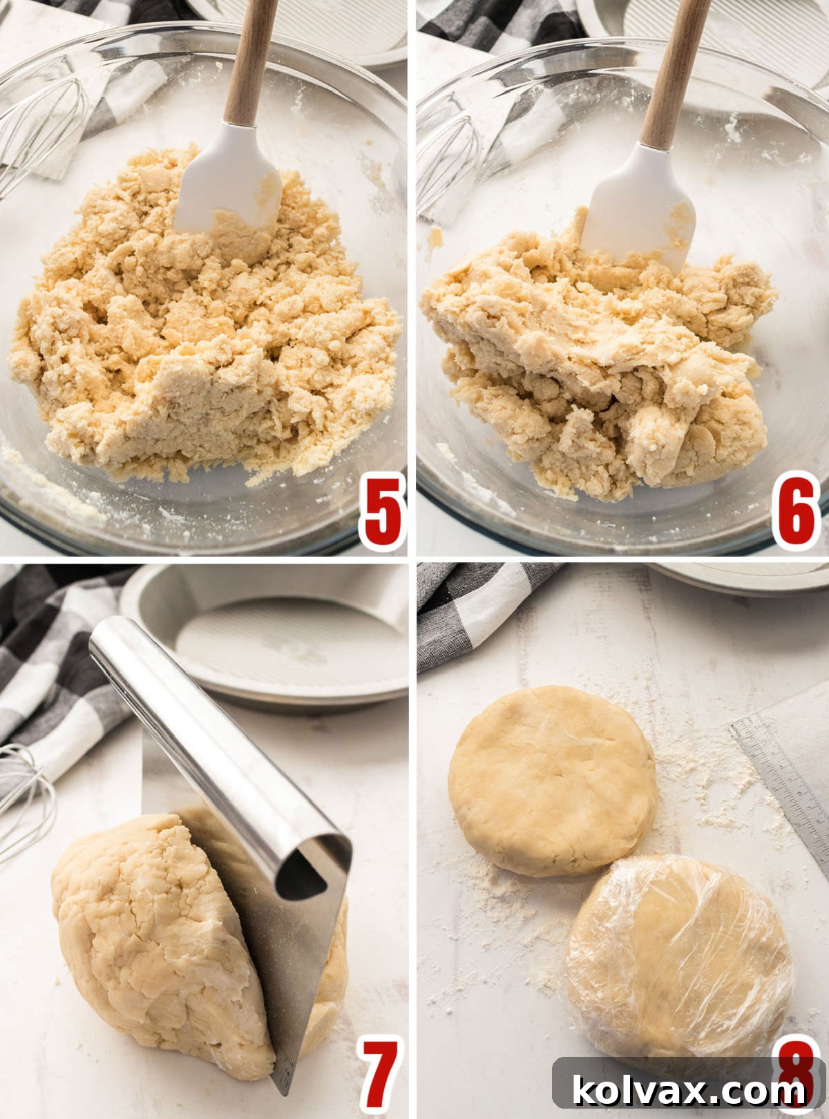 Collage image showing how to prepare the pie crust dough for rolling out, including forming discs and chilling them.