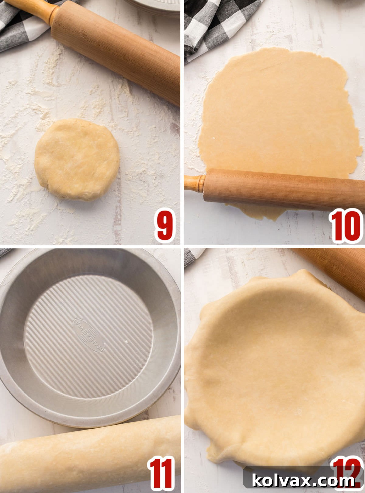 Collage image showing how to roll out the dough for our homemade pie crust recipe, from removing from fridge to fitting it into the pie pan.