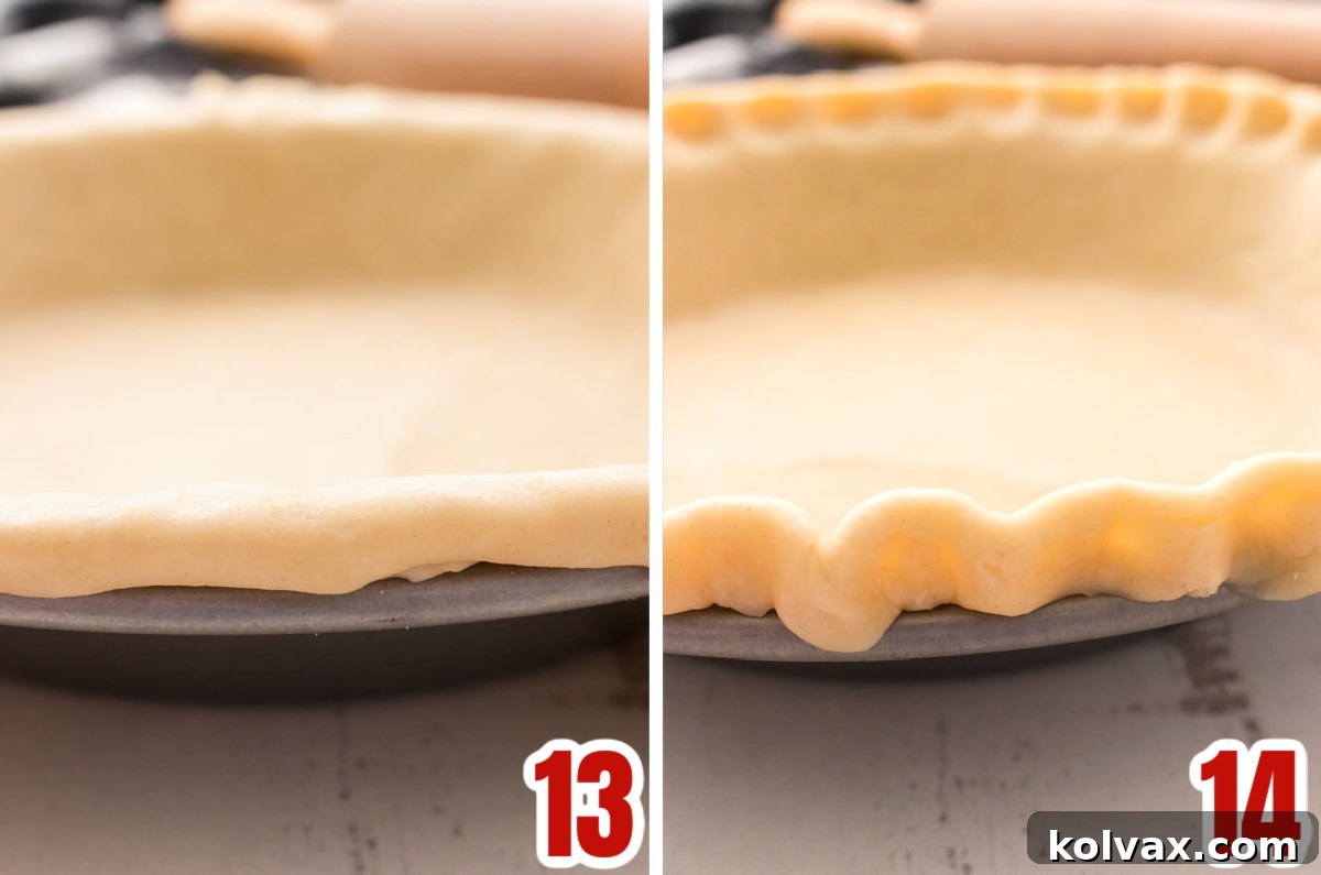 Collage image showing how to make a pretty edge on the pie crust using a simple finger-pinch method.