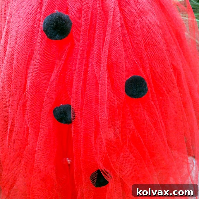 Attaching Black Pom-Poms as Ladybug Spots to the Tutu Dress