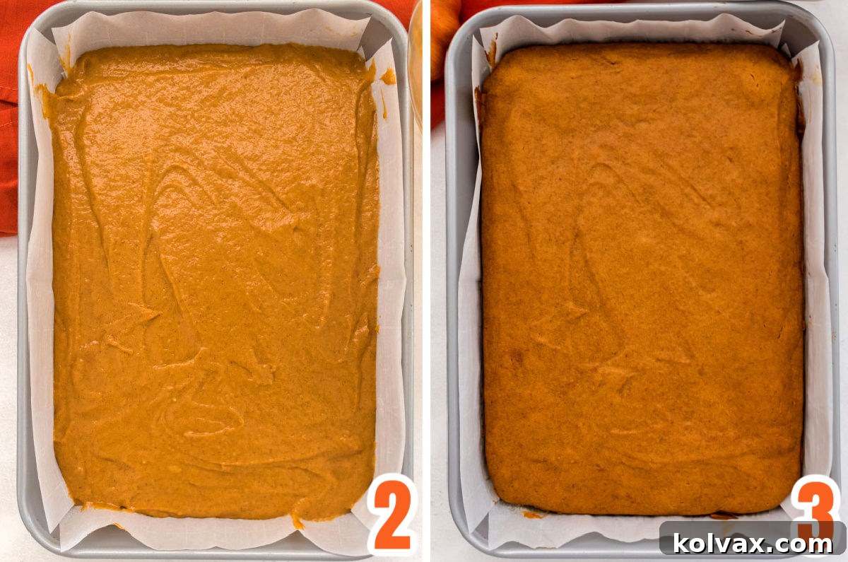 Collage image showing the Pumpkin Bars before going in the oven and after coming out of the oven.