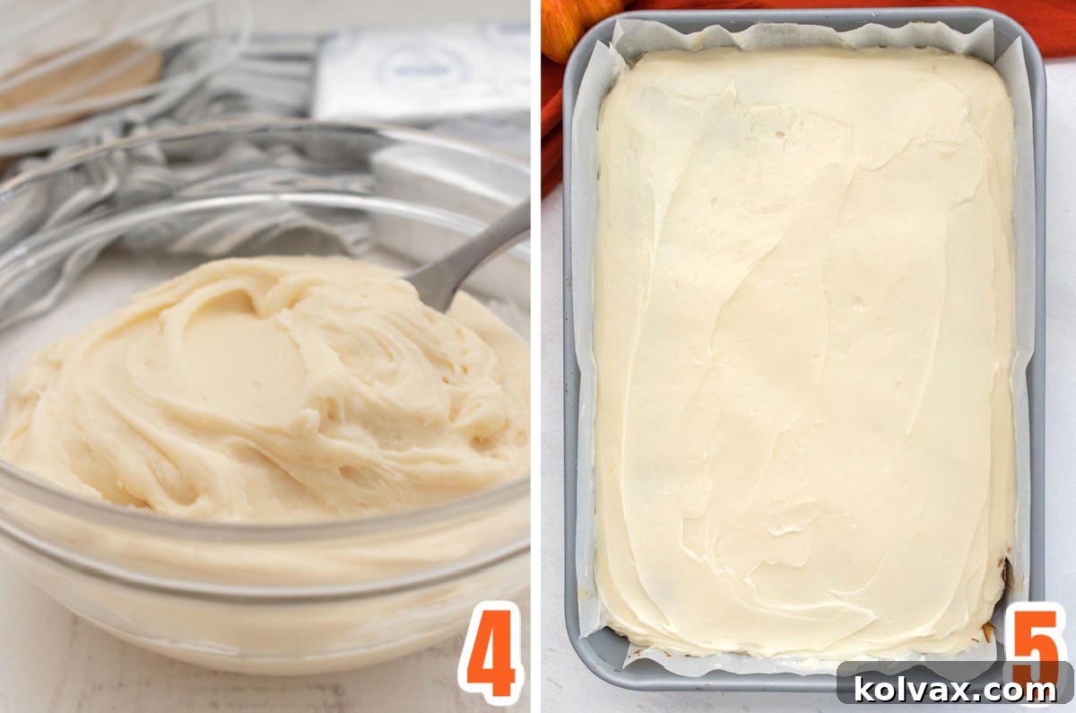 Collage image of a bowl of Cream Cheese Frosting and that frosting used on the Pumpkin Bars.