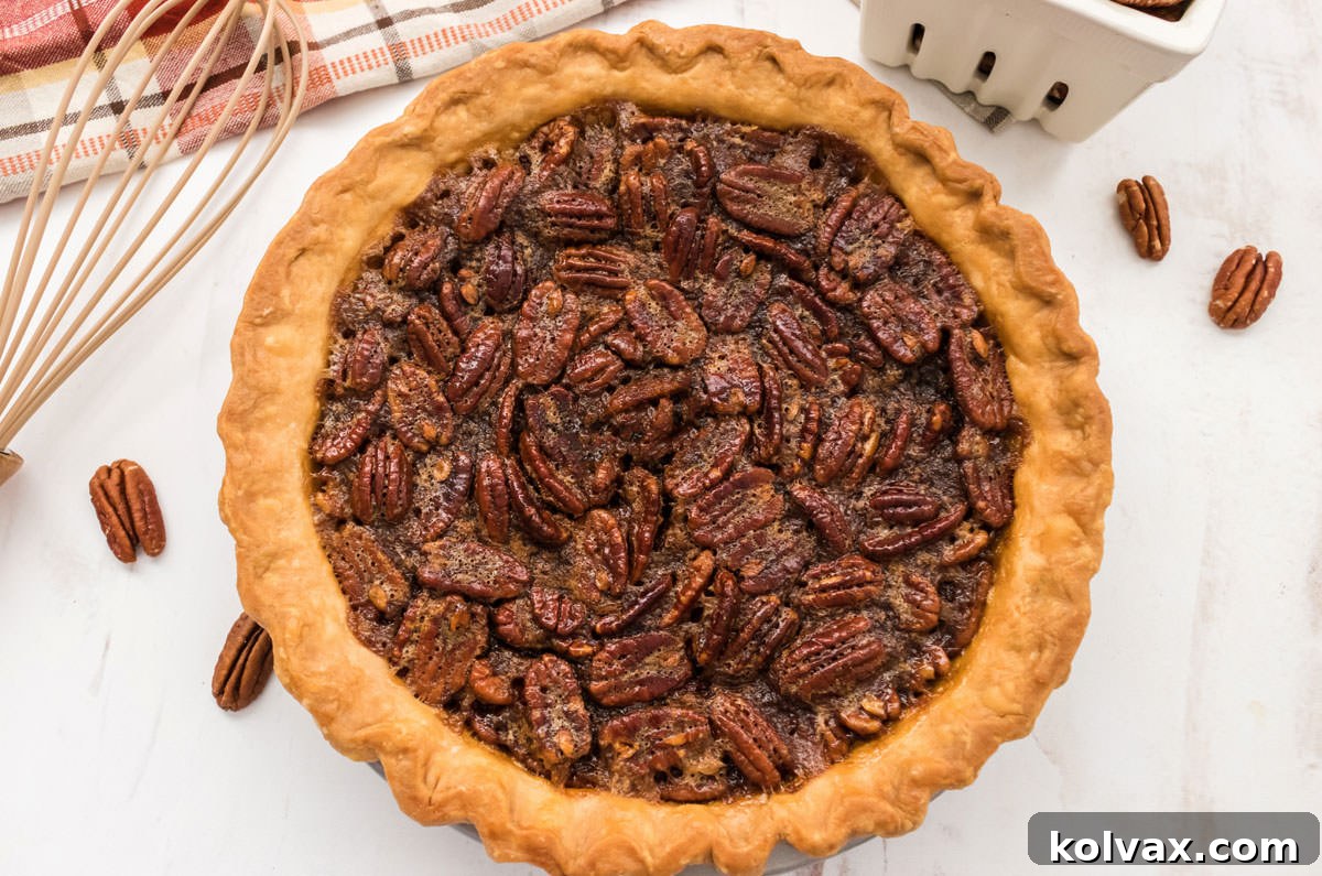 Closeup of a freshly baked, golden brown pecan pie, glistening with caramel filling and topped with whole pecans, just out of the oven. Perfect for Thanksgiving or Christmas.
