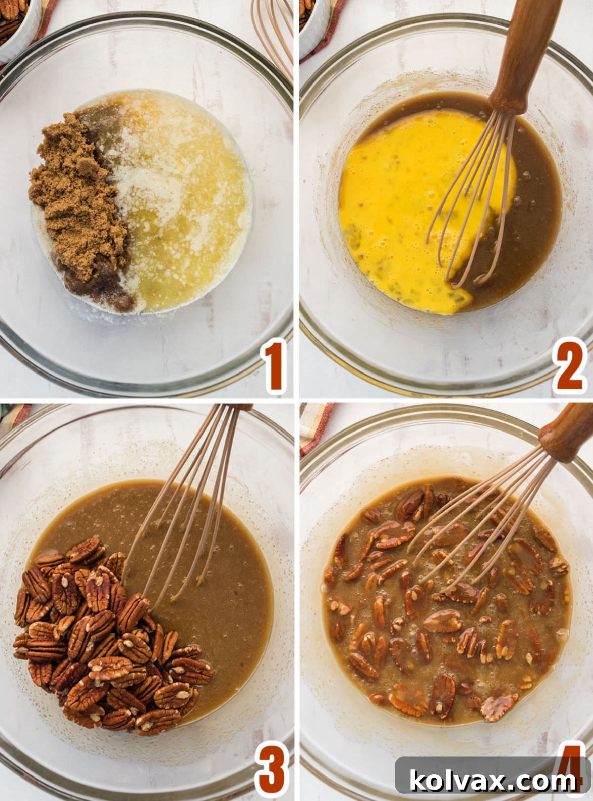 Collage image showing the step-by-step process for preparing the pecan pie filling, including mixing ingredients and adding pecans.