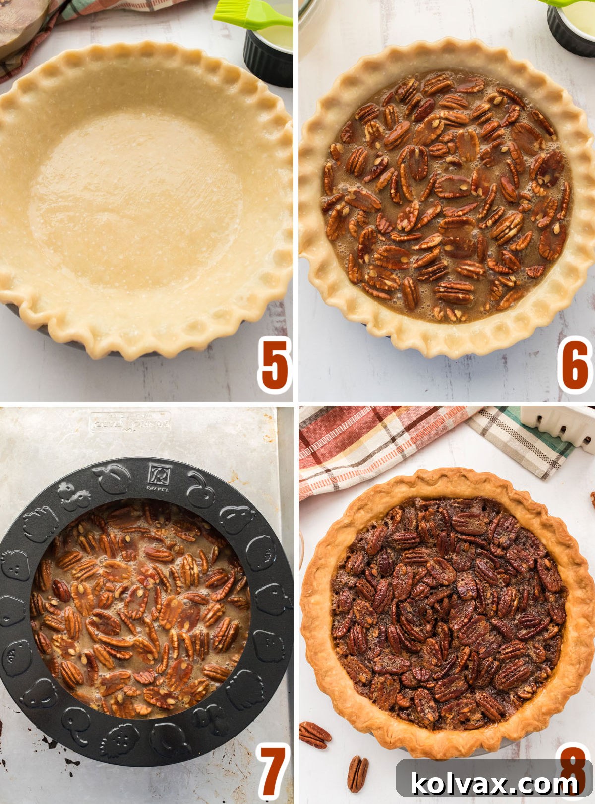 Collage image demonstrating the final steps of baking the easy pecan pie recipe, including pouring filling, baking, and cooling.