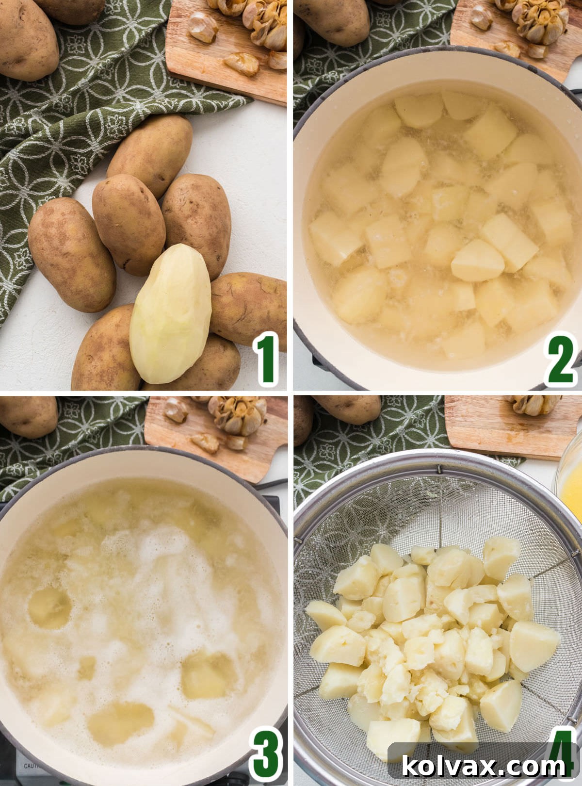 Collage image showing how prepare the potatoes for the Roasted Garlic Mashed Potatoes recipe.