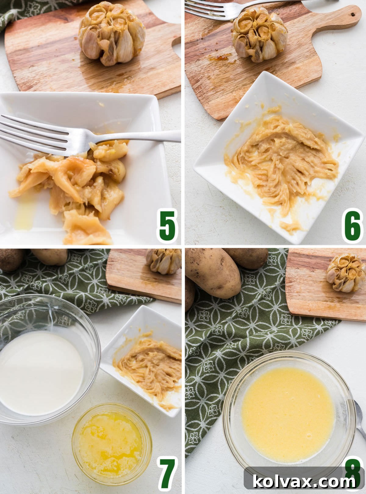 Collage image showing the steps for mixing the roasted garlic with the milk and melted butter.
