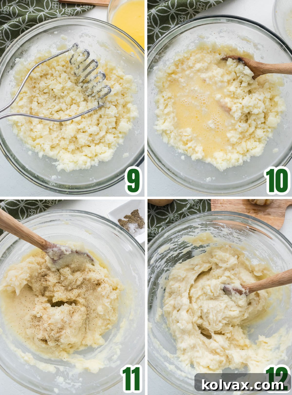 Collage image showing how to add the liquid into the potatoes to make the mashed potatoes.