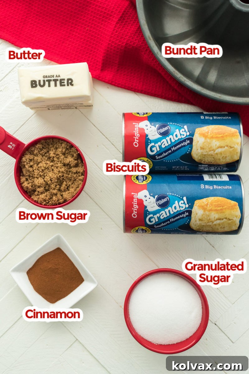 A visual display of key ingredients for Monkey Bread including biscuits, butter, cinnamon sticks, sugar, and vanilla extract.