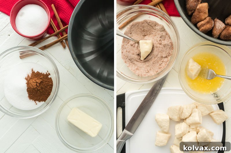 A collage of images showing how to cut biscuit dough into quarters and coat them in cinnamon sugar mixture for Monkey Bread.