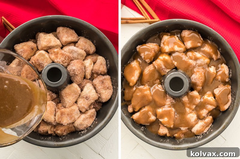 A collage image demonstrating how to prepare Monkey Bread for baking, showing the caramel sauce being poured over the biscuit pieces in a Bundt pan.
