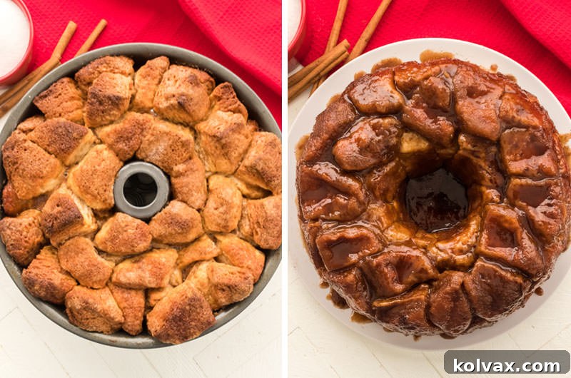 A collage image showing a Monkey Bread Bundt pan being placed into an oven and then a perfectly baked, golden Monkey Bread.