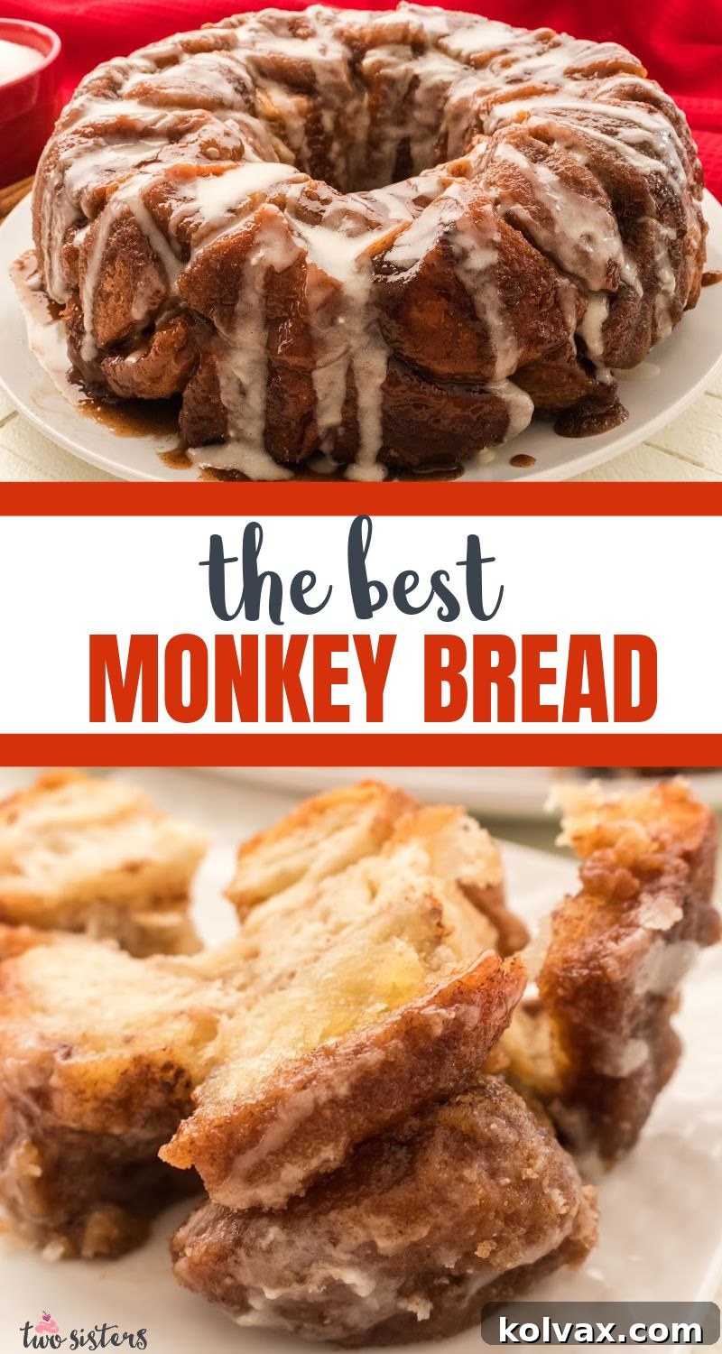 A close-up, top-down shot of the finished Homemade Monkey Bread, beautifully drizzled with icing and ready for serving.