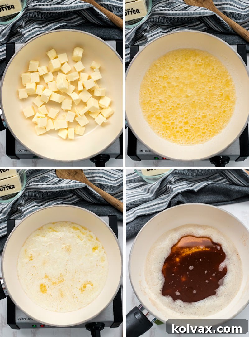 A visual collage illustrating the transformative stages of butter: from solid, to melted, to foaming, and finally to the perfect golden-brown with nutty bits at the bottom.