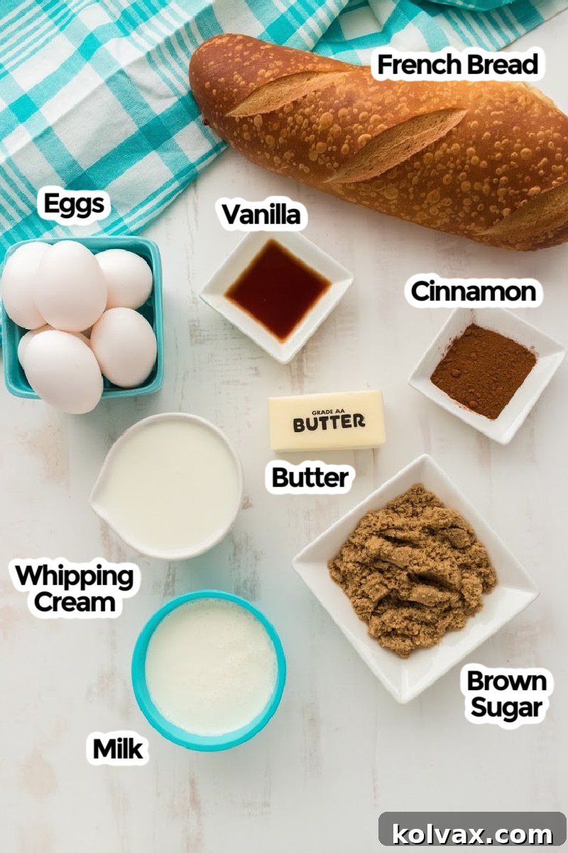 Maple Glazed French Toast Casserole 3 A visual guide to all the ingredients needed to prepare the delicious French Toast Casserole, including bread, eggs, milk, cream, sugars, and spices.
