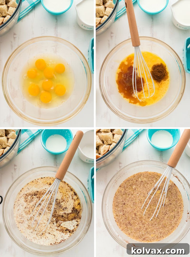 Maple Glazed French Toast Casserole 4 A collage showing the process of whisking eggs, sugar, vanilla, cinnamon, milk, and heavy cream together to create the custard mixture for the French Toast Casserole.