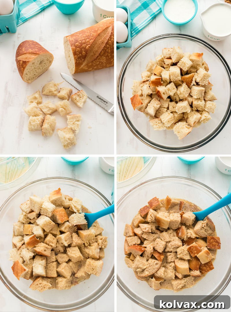 Maple Glazed French Toast Casserole 5 A collage demonstrating how to slice French bread, add it to a bowl, pour the egg mixture over it, and allow the bread to soak before baking the casserole.