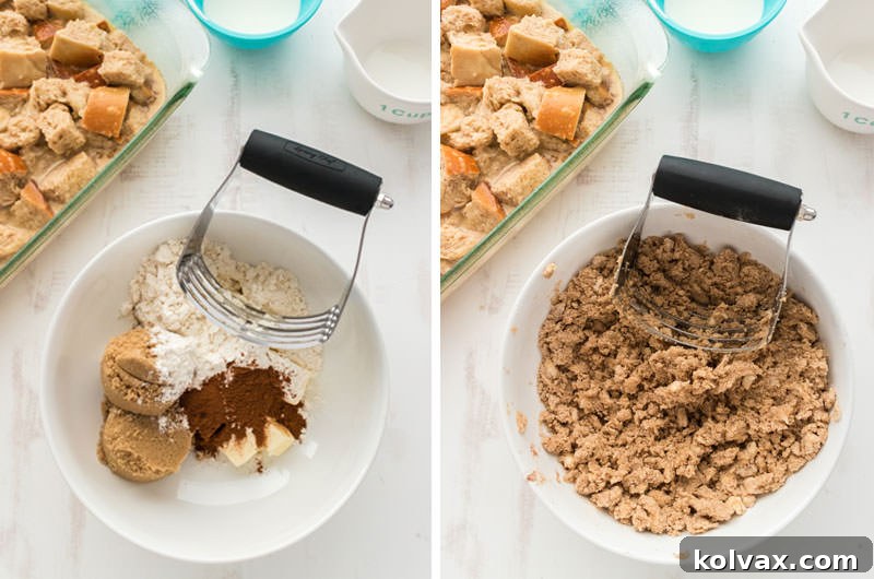 Maple Glazed French Toast Casserole 6 A collage illustrating the steps for making the streusel topping: combining cold butter, flour, brown sugar, and cinnamon, then mixing with a pastry cutter.