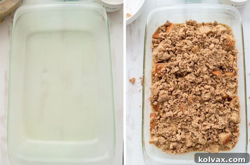 Maple Glazed French Toast Casserole 7 A collage showing the final preparation steps before baking the French Toast Breakfast Casserole: pouring the soaked bread into a greased baking dish and sprinkling streusel on top.