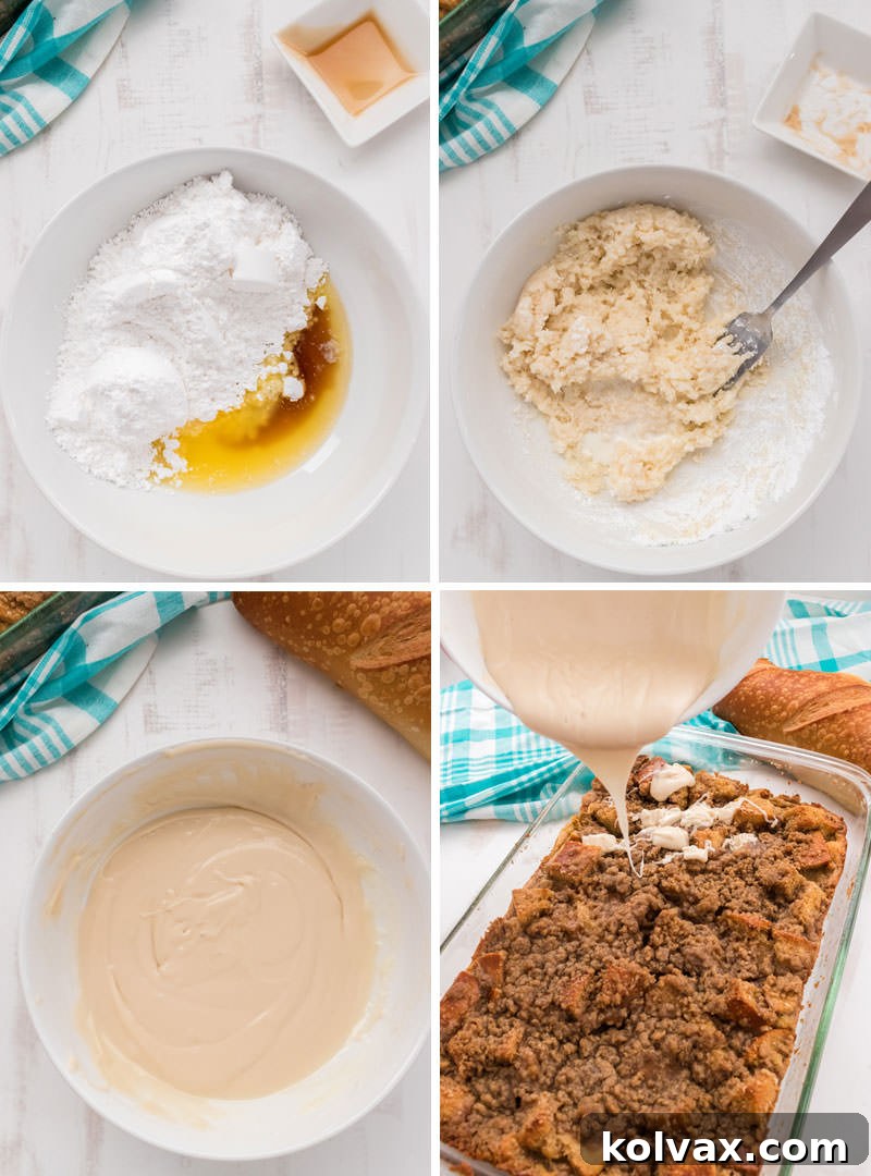 Maple Glazed French Toast Casserole 8 A collage illustrating the simple steps to prepare homemade Maple Syrup Icing: melting butter, adding powdered sugar, stirring in maple syrup, and adjusting consistency with milk.