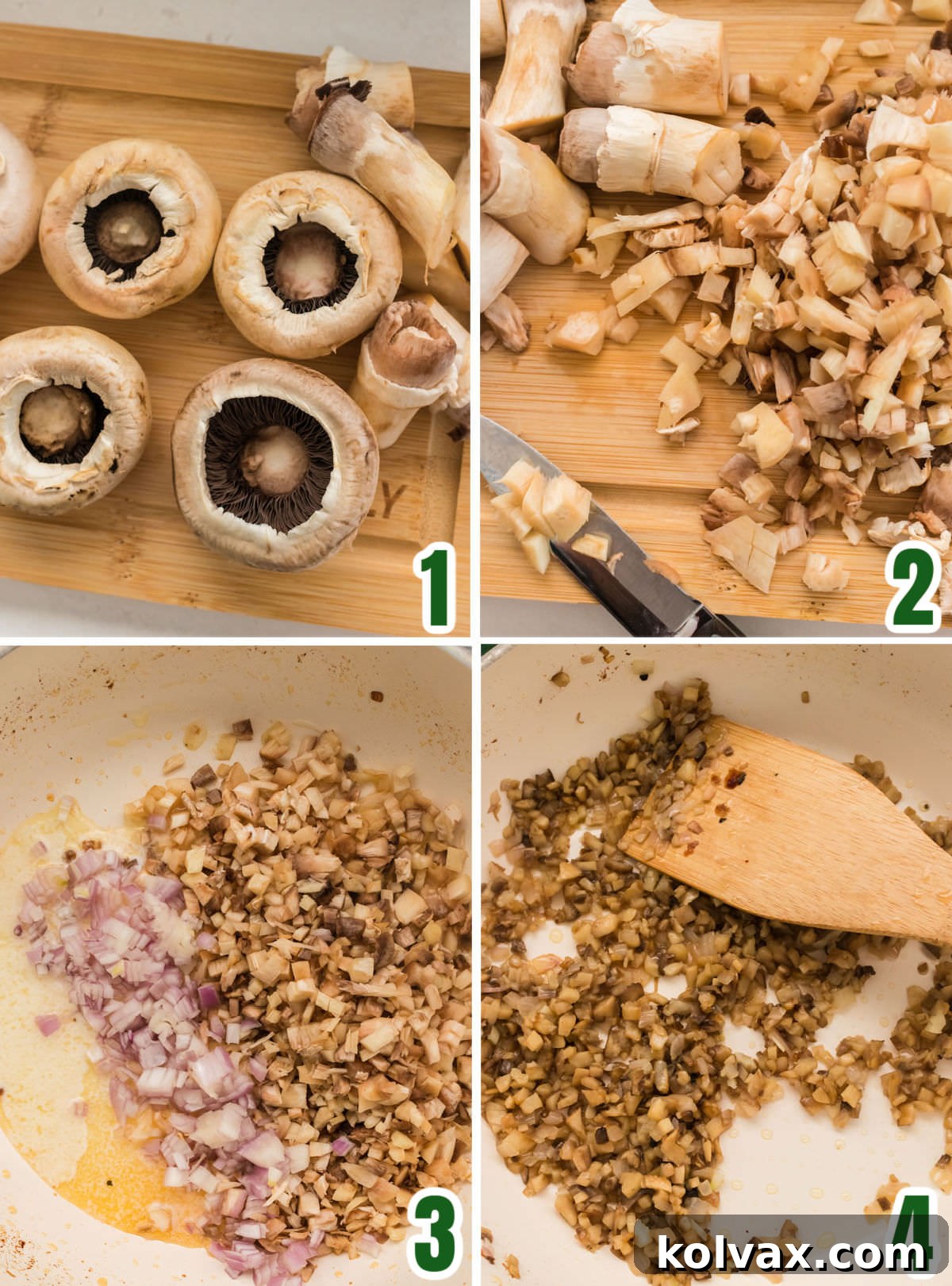 Collage image demonstrating the initial preparation steps for stuffed mushrooms: cleaning, destemming, chopping stems, and sautéing aromatics.