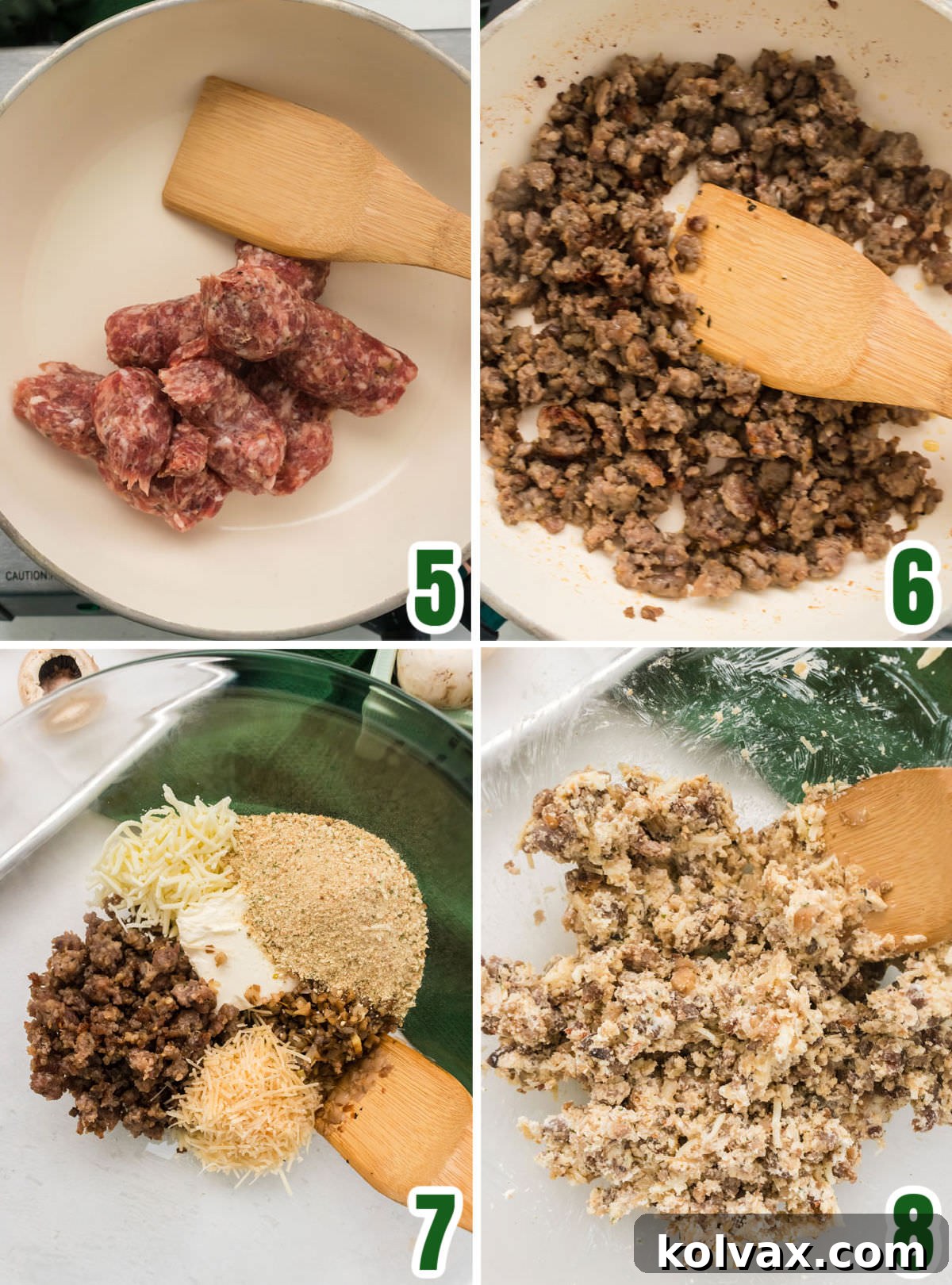Collage image illustrating the creation of the sausage mushroom stuffing mixture with cheeses and breadcrumbs.